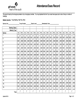 AttendanceDues Record Girl Scouts Heart of the South Girlscoutshs  Form