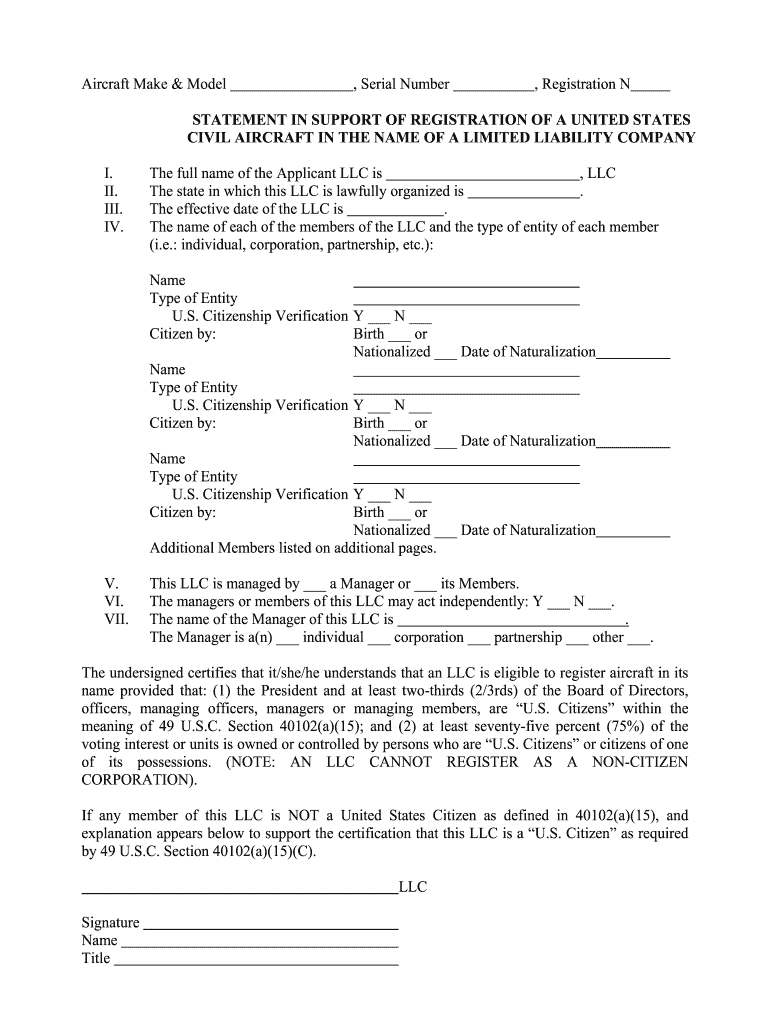 Sample Statement in Suport of Registration of U S Civil Aircraft in the Name of an Llc  Form