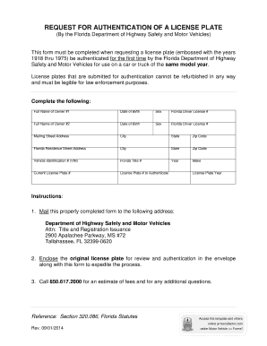 Florida Authenticated License Plate  Form