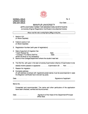 Manipur University Migration Certificate  Form