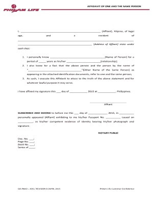 Affidavit of One and the Same Person  Form