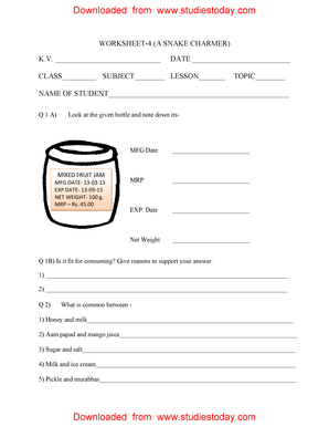 A Snake Charmers Story Class 5 Worksheet with Answers  Form