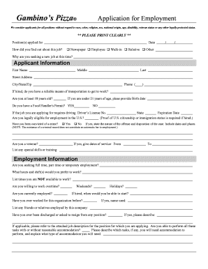 Gambinos Pizza Application for Employment  Form