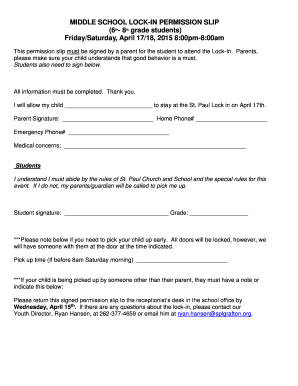 MIDDLE SCHOOL LOCK in PERMISSION SLIP 6 8 Grade Splgrafton  Form