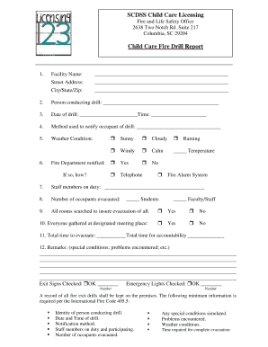 Child Care Fire Drill Report Scchildcare  Form