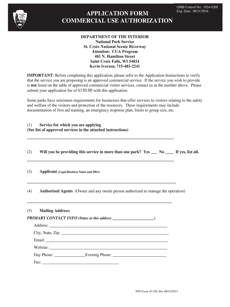  Form 10 550 Application for Commercial Use Authorization PDF Nps 2013
