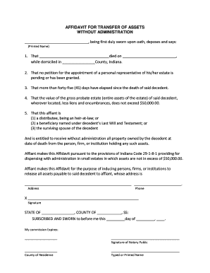 Affidavit for Transfer of Assets Without Administration Indiana  Form
