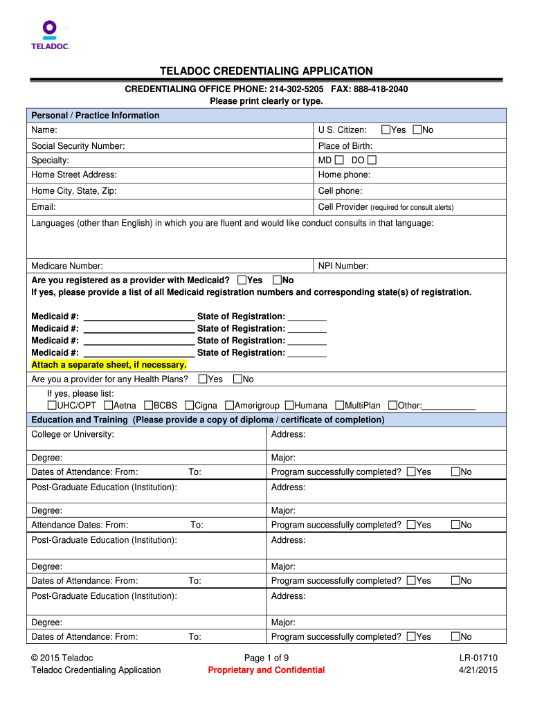 Teladoc Credentialing Application  Form