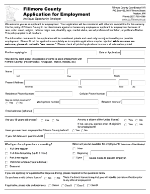 Fillmore County Application for Employment Preston MN  Form
