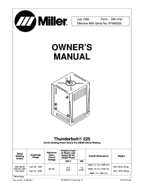Old Miller Thunderbolt 225 Welder Manual  Form