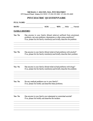 New Patient Psychiatric Questionnaire Michael Hilton MD  Form
