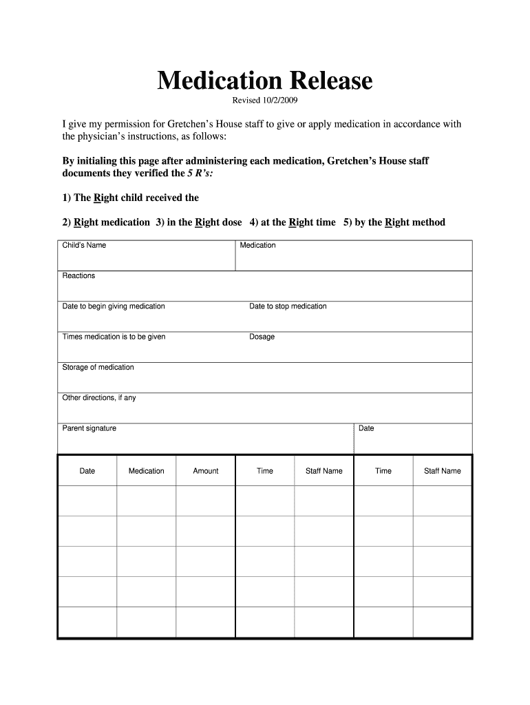  Medication Release Form 2009-2024