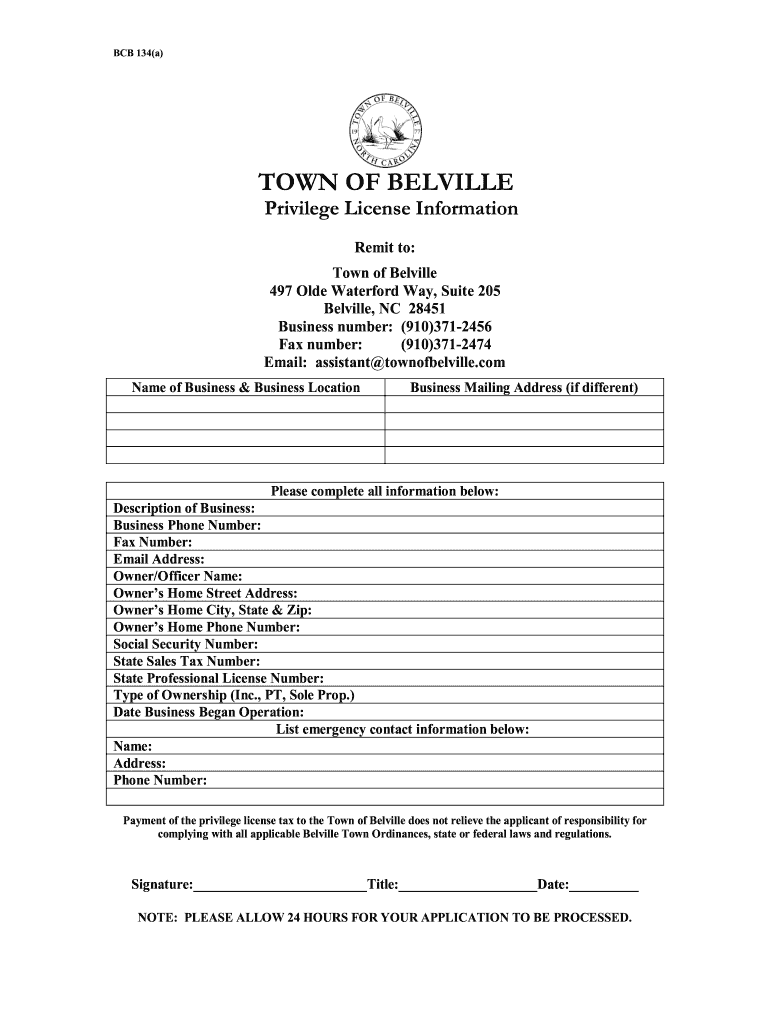 Application for Privilege License  the Town of Belville  Form