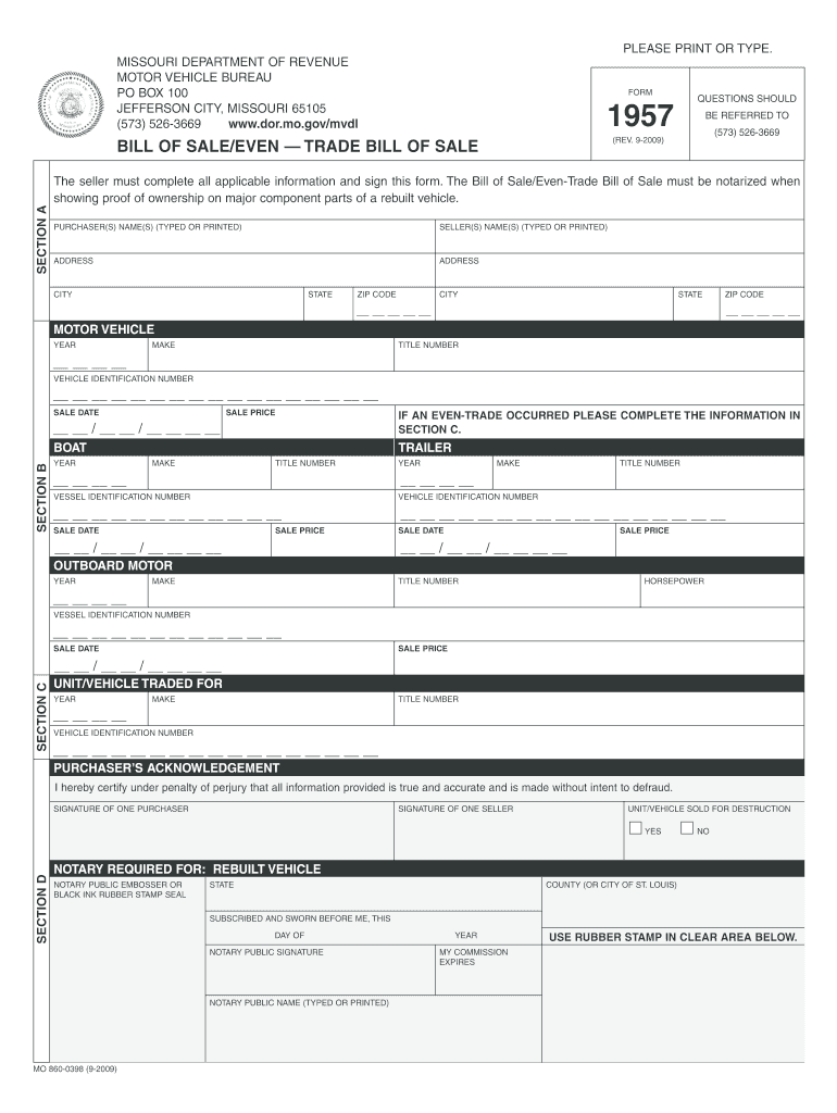  Bill of Sale Missouri Print Form 2019