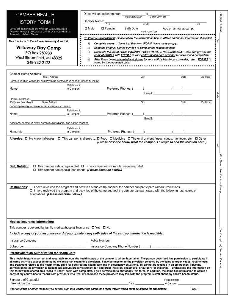 Camper Health History Form 1