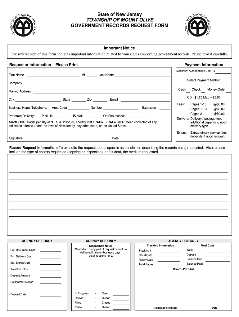 Please Click Here to Download an OPRA Request Form  Mount Olive    Mopd