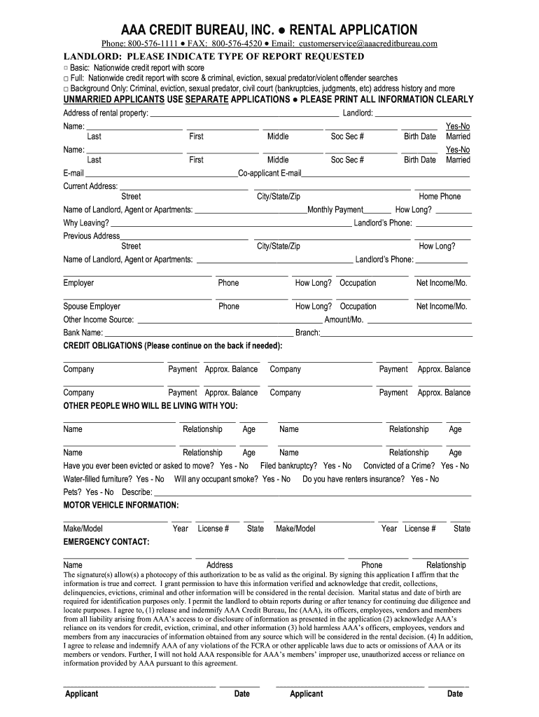 Aaa Credit Bureau Rental Application  Form