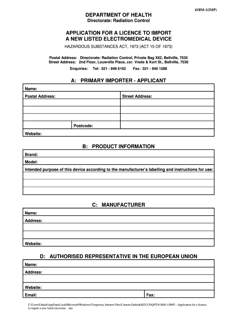 41BM 1  APPLICATION for a LICENCE to IMPORT or  Form