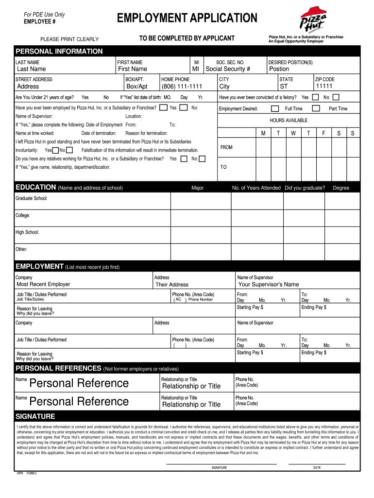 Pizza Hut Application Pdf Fill Out and Sign Printable PDF Template
