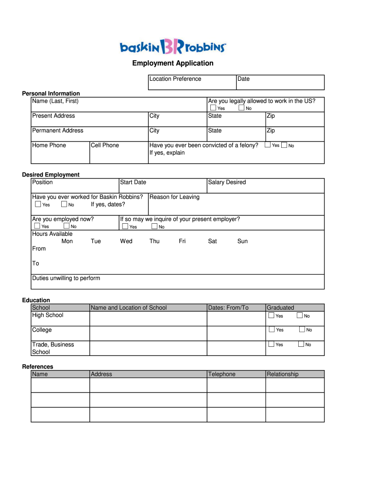 Baskin Robbins Application  Form