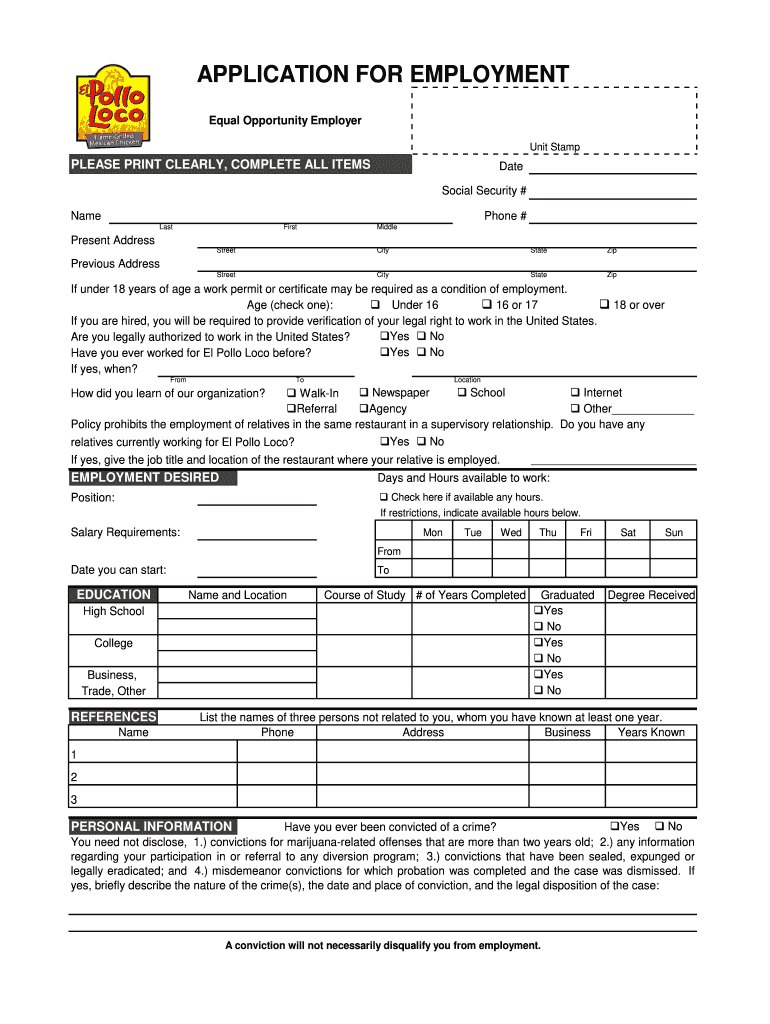 El Pollo Loco Job Application  Form
