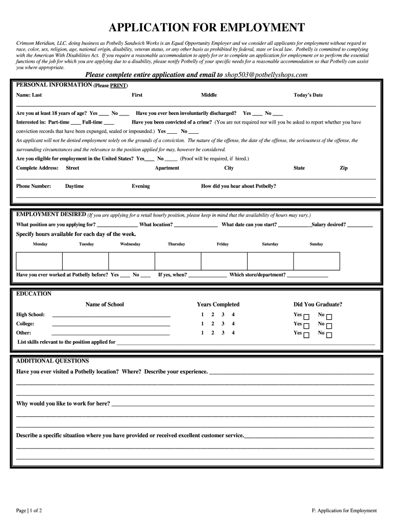 Potbelly Job Application  Form
