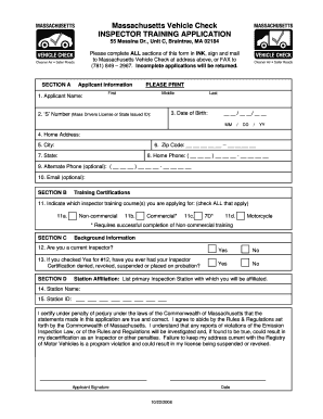 Massachusetts Vehicle Check Inspector License Application Form