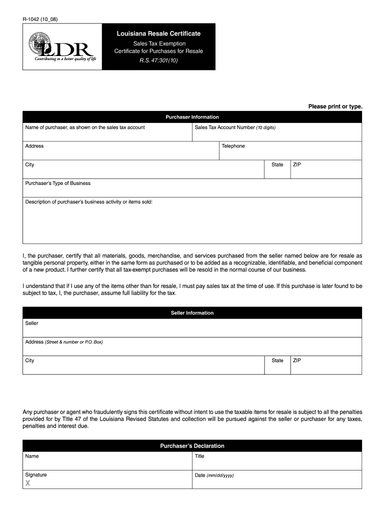  R-1042 - Exemption Certificate for Purchases for Resale 2008-2024