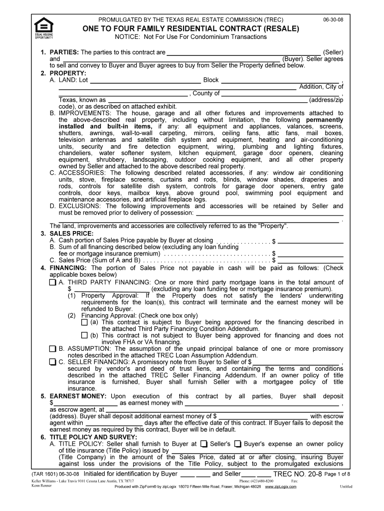  One to Four Family Residential Contract Resale Fillable Form 2008