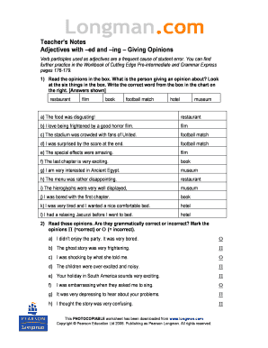 Teacher&amp;#39;s Notes Adjectives with Ed and Ing Giving Opinions  Form