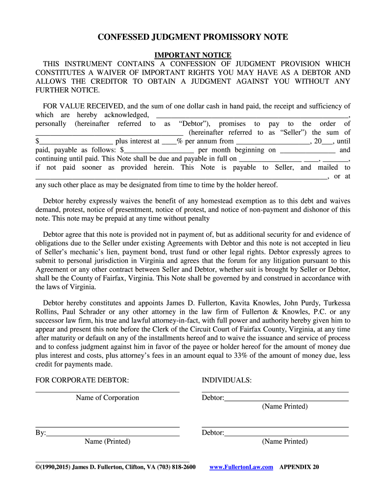 Confession of Judgment Promissory Note  Form