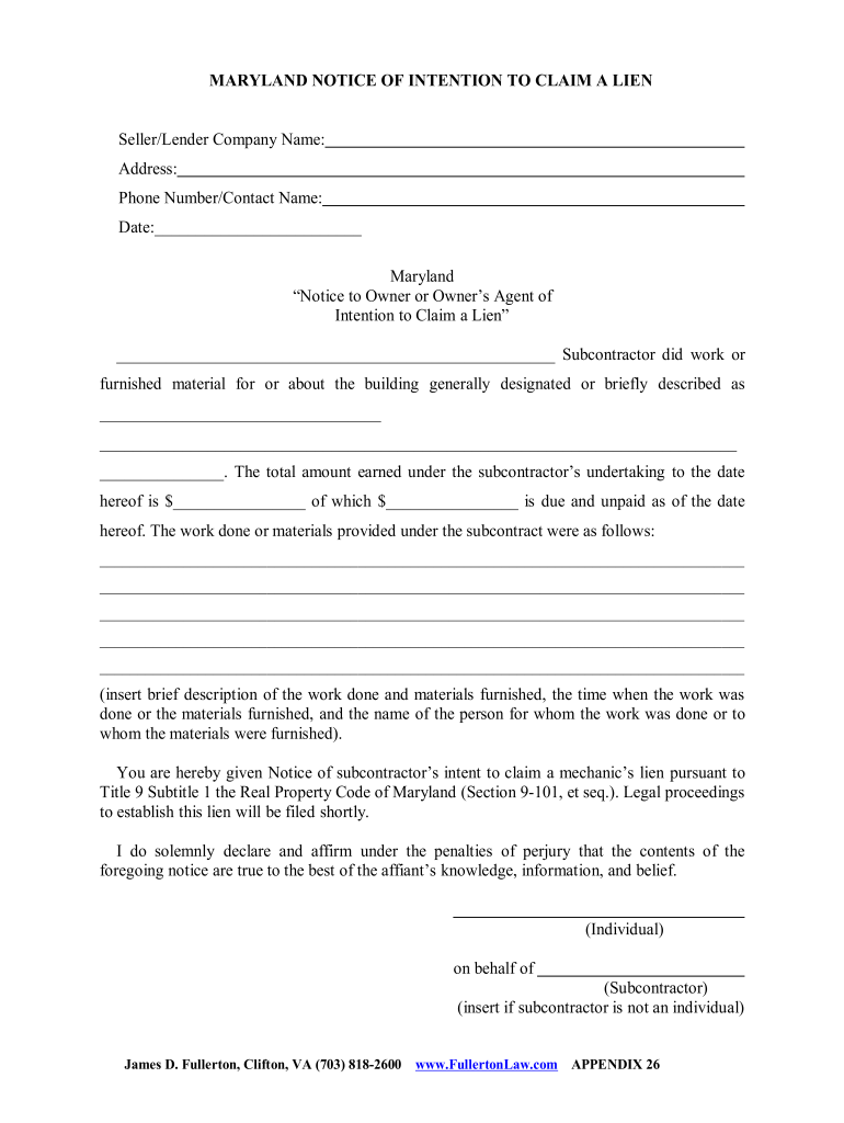  Maryland Notice of Intention to Claim a Lien 2007