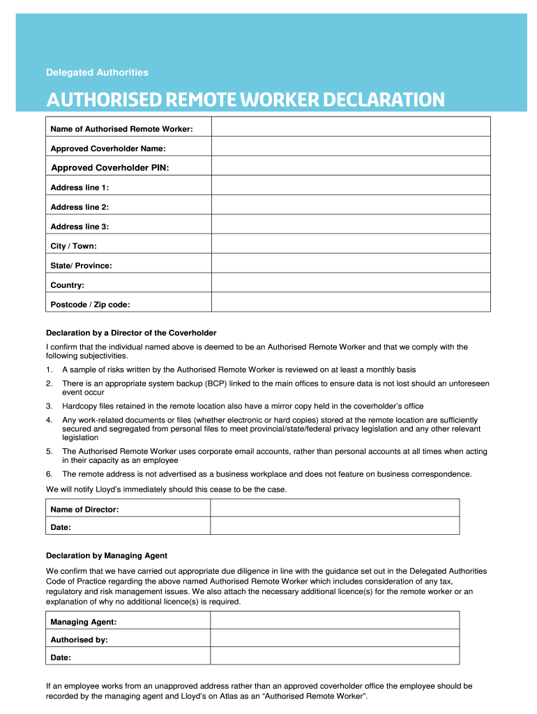 Authorised Remote Workers Declaration Lloyd&#39;s  Form