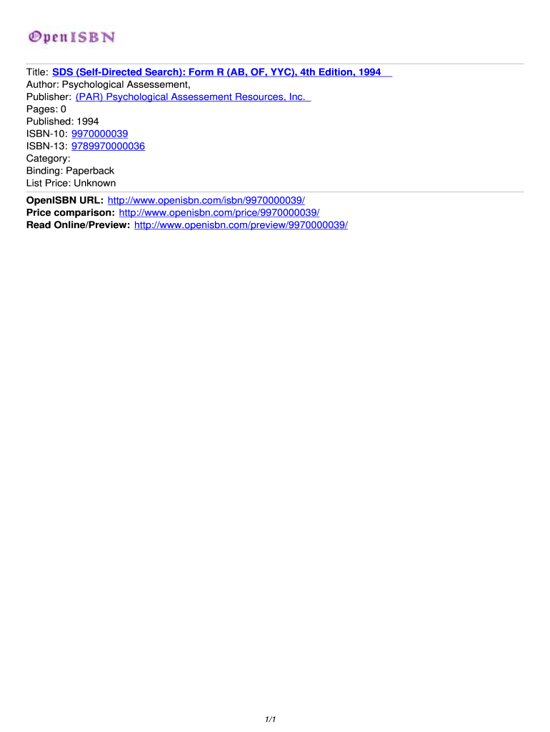 Title SDS Self Directed Search Form R AB, OF, YYC, 4th Edition