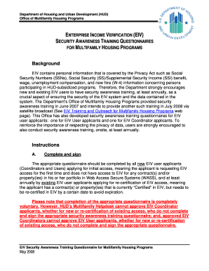 Eiv Security Awareness Training Questionnaire for Multifamily Housing Programs  Form