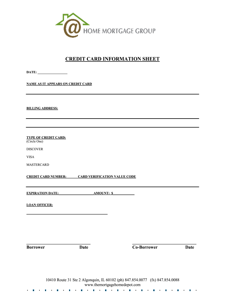 Credit Card Info Sheet PDF  Form