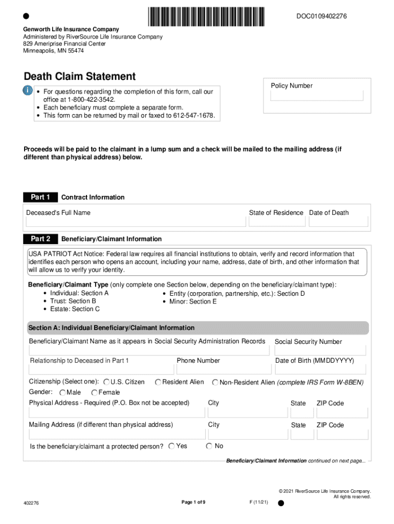 Riversource Insurance and Annuity Death Claim Statement  Form