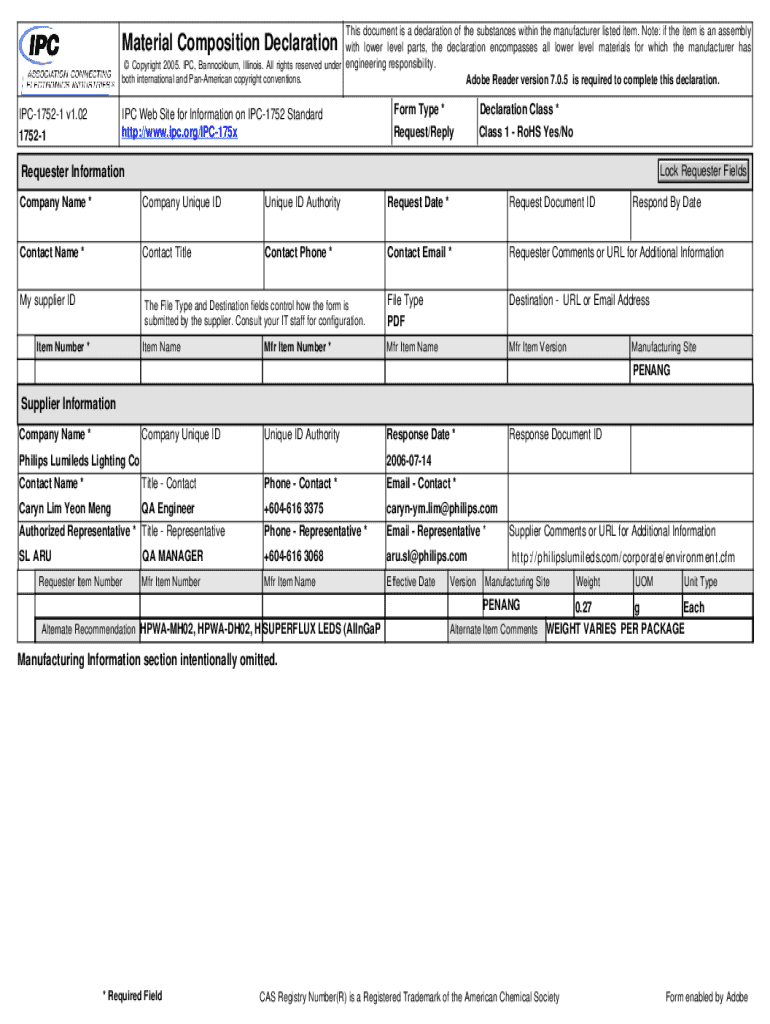 Material Composition Declaration IPC 1752 98ASA99256D, 1352 03, 1352, 8 Lead TPMP Gull Wing Form