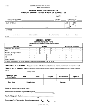 Private Physician&amp;#39;s Report of Physical Examination of a Pupil of School  Form