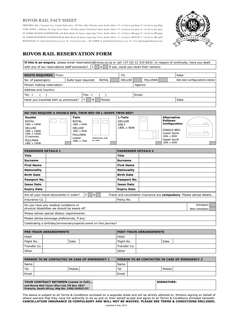  RVR Reservation Form Rovos Rail 2013