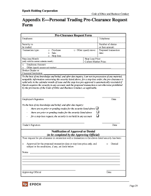 Appendix E Personal Trading Pre Clearance Request Form
