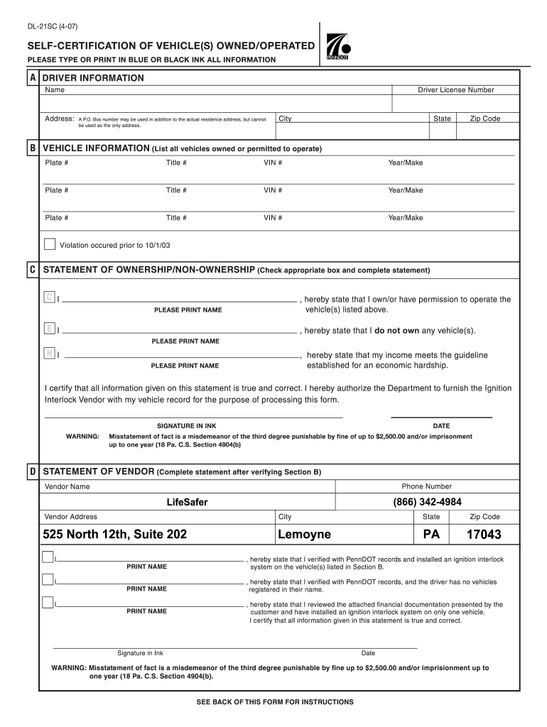 PennDOT  Self Certification of Vehicles OwnedOperated  LifeSafer  Form