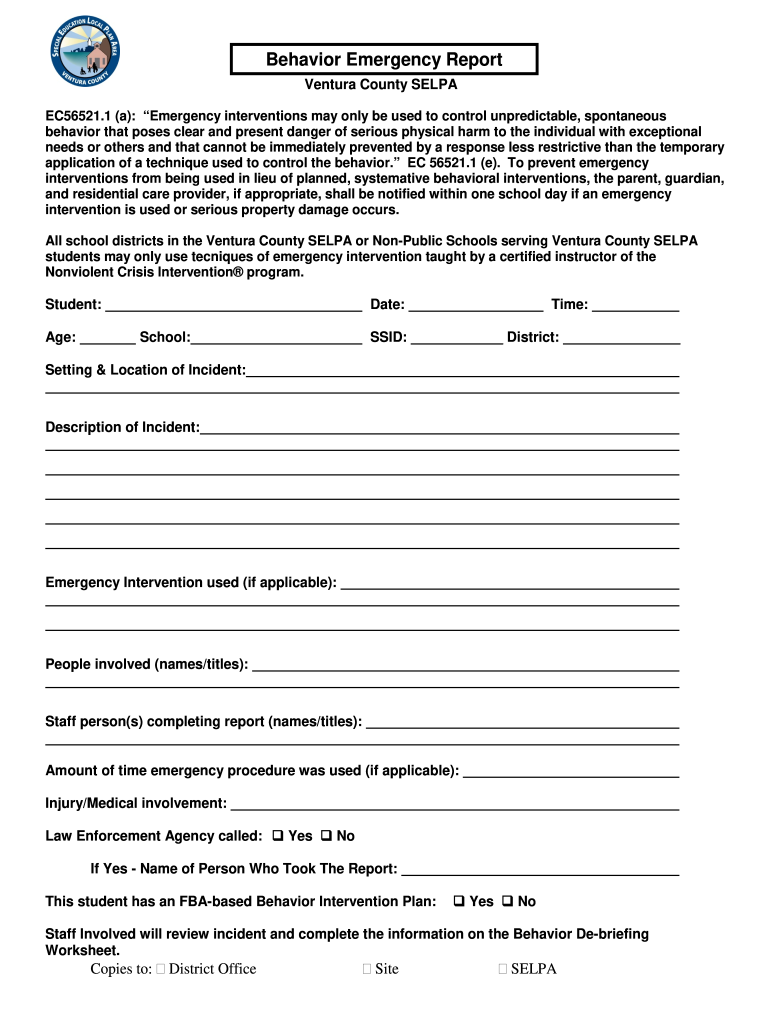California Behavior Emergency Report  Form