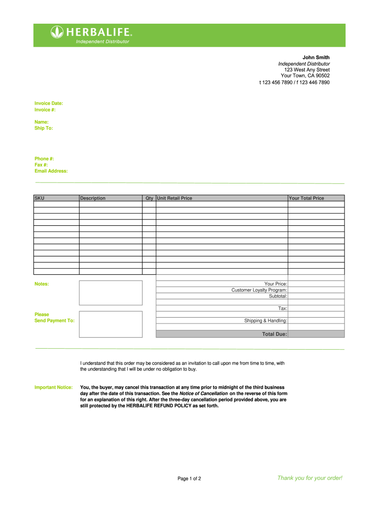 Herbalife Retail Order Form