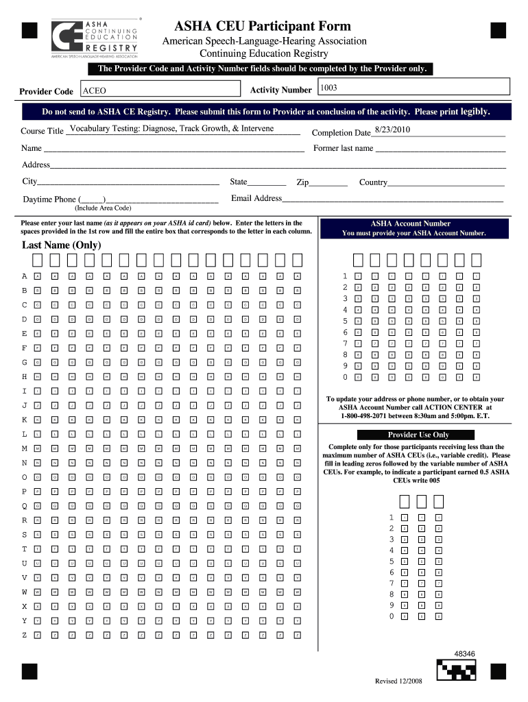  ASHA CEU Participant Form  Speech and Language 2008