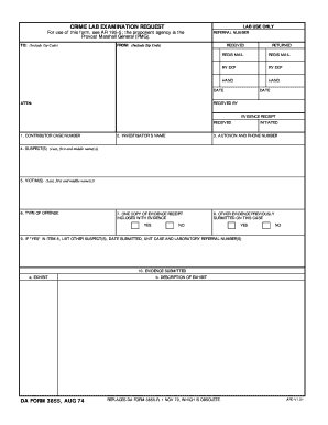 CRIME LAB EXAMINATION REQUEST DA FORM 3655, AUG 74