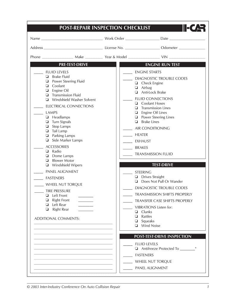Post Repair Inspection Checklist  Form