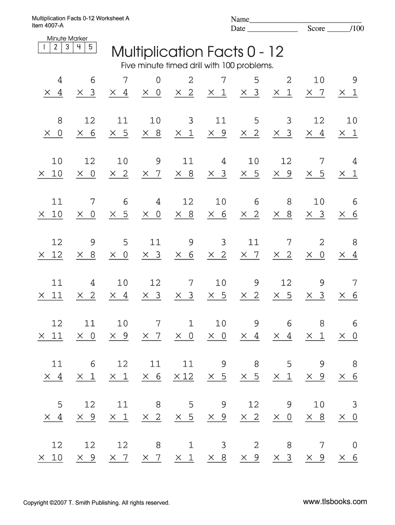 Multiplication Timed Test Printable 0 12  Form