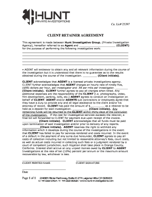 CLIENT RETAINER AGREEMENT Hunt Private Investigations  Form