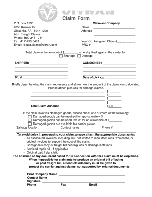 Claim Form Vitran Express